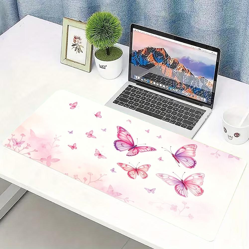 Desk Setup Pink - Waterverf roze vlinder grote gaming muismat