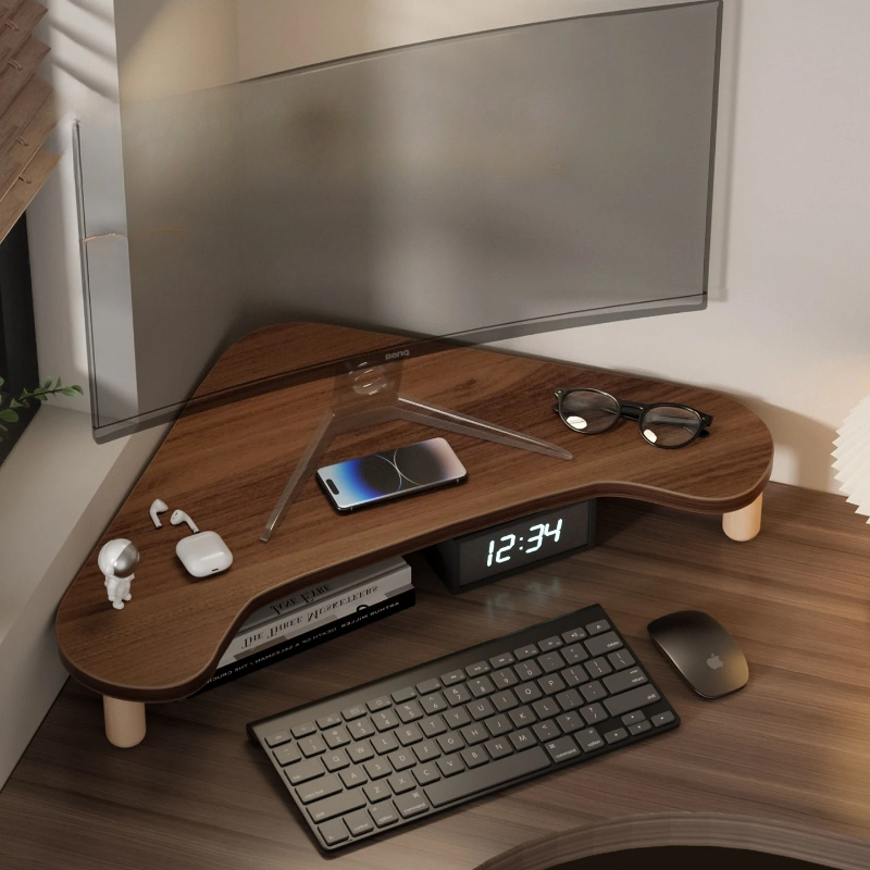 Monitor Riser Wood - Hoekcomputerstandaard, driehoekige monitorverhoger voor bureau, ruimtebesparende