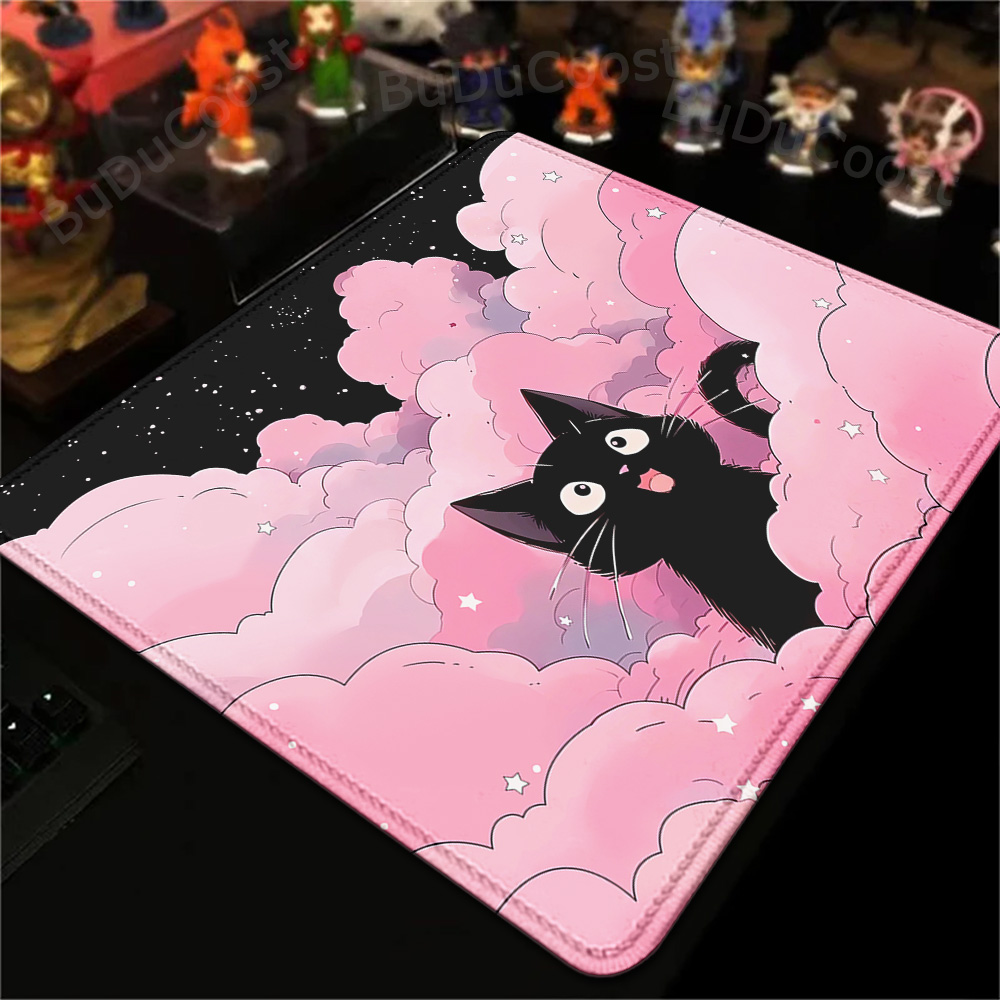 Desk Setup Pink - 18x22cm Klein tapijt Zwarte kat Wolken