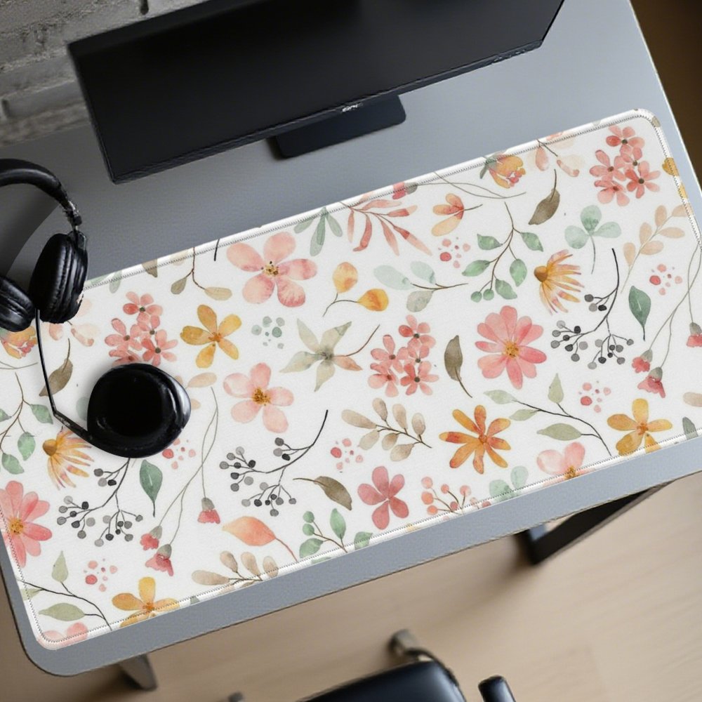 Yellow Desk Setup - Roze Gele Bloemige Muismat Bureaumat Grote